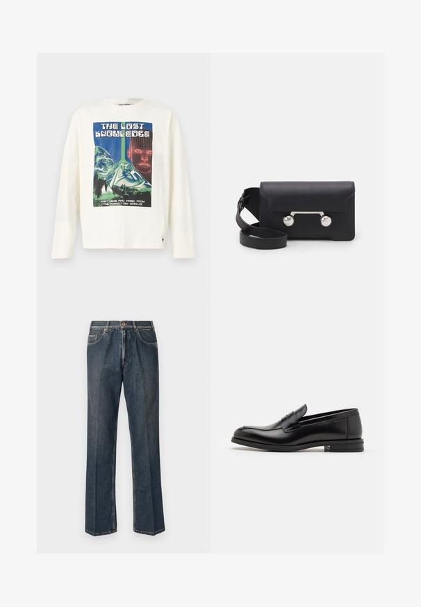 Cream long-sleeve t-shirt featuring a colorful graphic print titled "The Lost Knowledge," depicting a pyramid and digital face elements.; Dark blue straight-leg denim jeans with front button, zip fly, double front pockets, and visible vertical creases down the legs.; Black leather loafers with a smooth texture, rounded toe, and a decorative strap across the vamp. Low stacked heel, minimalist design.; Black leather crossbody bag with a flap closure, silver-tone hardware, and two round accents. Features a detachable strap. Smooth texture.