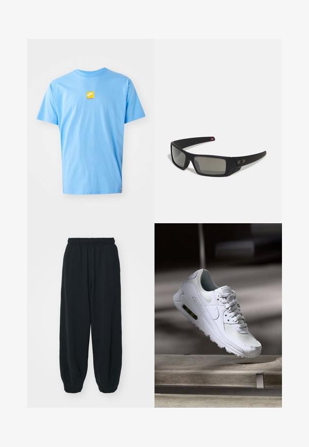 Camisa de algodão azul clara com um rótulo amarelo da Nike com riscas pretas e brancas no peito. Gola redonda clássica e mangas curtas.; Calças de fato de treino pretas, com cintura elástica e um corte solto, com punhos nas pernas, textura suave e sem padrões visíveis ou detalhes de metal.; Sapatilha Nike Air Max 90 branca com parte superior em malha e couro, caixa de dedos perfurada e uma unidade de ar visível no calcanhar.; Óculos de sol pretos com acabamento mate, lentes retangulares, leve curvatura nas hastes, detalhe sutil do logo e lentes de cor fumada.