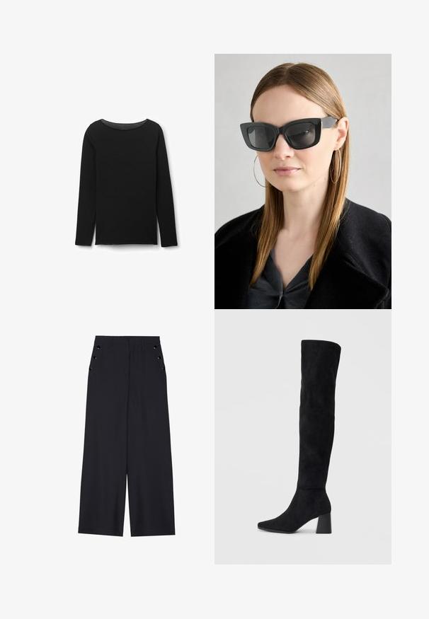 Svart långärmad topp i mjukt tyg. Har rundad halsringning och rak nederkant med sidofickor. Slät textur, minimalistisk design.; Breda byxor i mörkblått tyg med en slät yta, framfickor med veck och dekorativa öljett i guldton på sidofickorna.; Svarta mocka knähöga stövlar med klack, spetsig tå och slät, sömlös design mot en ljus, enfärgad bakgrund.; Svarta katterformade solglasögon med mörka linser, tjocka bågar och subtila detaljer. Bärs tillsammans med en svart kappa och en grå topp, med långt rakt hår.