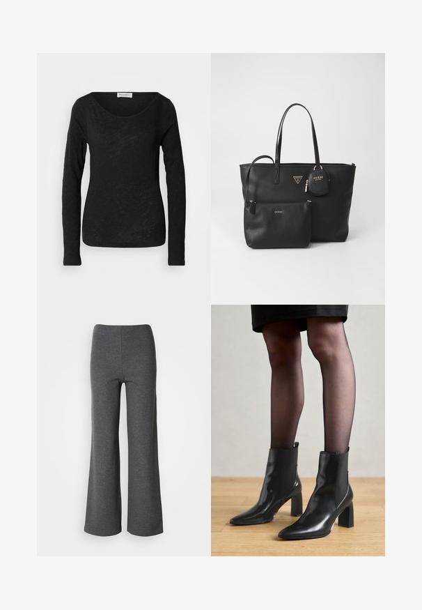 Svart långärmad topp gjord av ett lätt, texturerat tyg. Har en rundad halsringning och en figurnära silhuett med minimal detaljering.; Vit långärmad skjorta med knappar och krage samt bröstficka, visad mot en neutral bakgrund.; Grå vida byxor i mjukt tyg, med en slät yta och hög midja utan synliga knäppningar.; Svarta läderankelstövlar med spetsig tå, kraftig kvadratisk klack och en slank design. Har elastiska sidopaneler för enkel påtagning.; Svart fusk läder tote-väska med två remmar, en framficka med dragkedja och en avtagbar ficka. Guldakcenter framhäver varumärkeslogotypen.; Silverörhänge med polerad yta, med små detaljer i guld och rund form, bärs på loben.