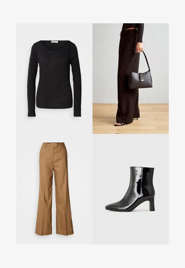 Juodas ilgomis rankovėmis viršus, pagamintas iš lengvo, tekstūruoto audinio. Turi apvalų iškirpimą ir prigludusią siluetą su minimaliais detalėmis.; Rudos plačios kojų kelnės, pagamintos iš lengvos medžiagos. Yra plokščias priekis, diržo kilpos ir pritaikyta siluetas su kulkšnies ilgio apdaila.; Juodos lakuotos odinės aulinukės su smailiu pirštu ir vidutinio aukščio blokuotu kulnu. Lygus paviršius ir minimalistinis dizainas.; Juodas rankinė struktūrizuota forma, lygi tekstūra ir metalinis užsegimas. Suporuota su plačiomis juodomis kelnėmis ir atvirais bateliais ant medinių grindų.