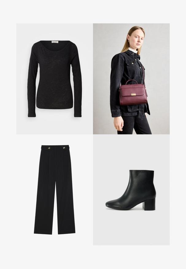 Fekete, hosszú ujjú felső, könnyű, texturált anyagból készült. Mély kivágású nyakkivágással és testhezálló siluettel rendelkezik, minimális részletezéssel.; Fekete, bő szárú nadrág magas derékkal, gombos részletekkel a derékrészen és elülső pliszékkal.; Fekete bőr bokacsizma hegyes orral és vastag sarokkal. Sima felület minimális díszítéssel és karcsú, passzos kialakítással.; Burgundi bőrtáska arany csattal, struktúrált forma, felső fogantyú és állítható vállpánt. A modellen farmerdzseki van.