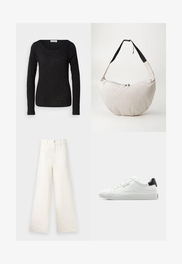 Fekete, hosszú ujjú felső, könnyű, texturált anyagból készült. Mély kivágású nyakkivágással és testhezálló siluettel rendelkezik, minimális részletezéssel.; Világos bézs pamut széles lábú nadrág. Magas derék, elülső zsebek és egyenes vonalú fazon jellemzi. Tiszta, mintázat nélküli hem befejezés.; Fehér sneaker sima felülettel, fekete sarok akcentussal és fűzős dizájnnal. Oldalán "Calvin Klein" márkázás található. Minimalista stílus.; Világos bézs színű, párnázott válltáska, félhold alakú. Fekete pánt, cipzáras záródás és diszkrét logó elöl. Puha tapintás.
