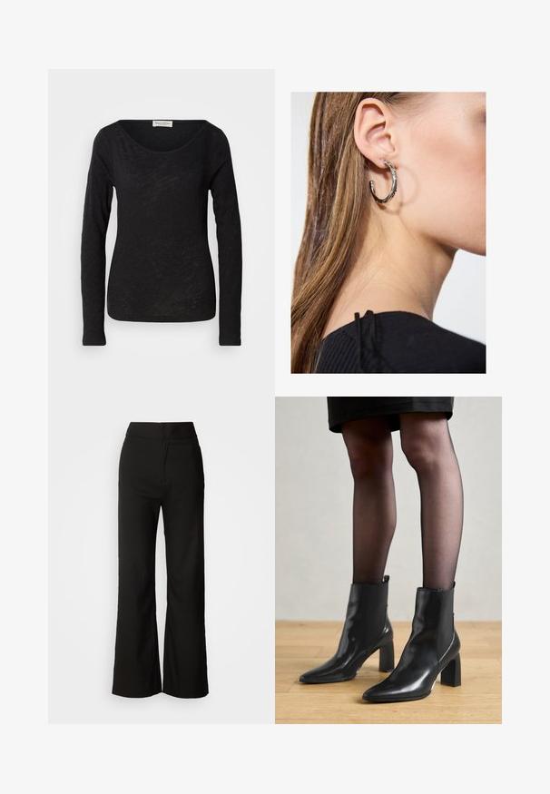 Melnas garas piedurknes blūze, kas izgatavota no viegla, teksturēta auduma. Tam ir ovāla kakla izgriezuma forma un pieguļoša silueta ar minimālu dekora klātbūtni.; Melni platlegu bikses ar gludu tekstūru, augsto vidukli un tīru dizainu. Nav redzamu kabatu vai rotājumu.; Melni ādas potīšu zābaki ar izdilušu purngala formu, masīvu kvadrātveida papēdi un elegantu dizainu. Iekļautas elastīgas sānu paneļi, kas nodrošina ērtu uzvilkšanu.; Sudraba auskars ar pulētu apdari, ar maziem zelta akcentiem un apaļu formu, uz ausu ļipiņas.