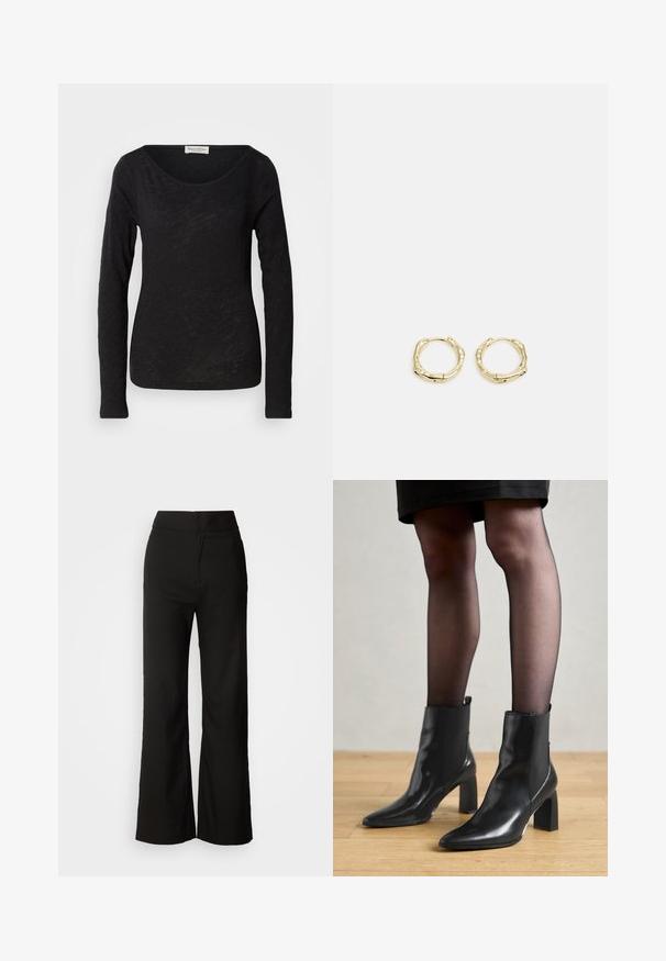 Černý dlouhý rukáv top vyrobený z lehké, strukturované tkaniny. Má kulatý výstřih a přiléhavý střih s minimálními detaily.; Černé kalhoty se širokými nohavicemi, hladkou texturou, vysokým pasem a čistým designem. Bez viditelných kapes nebo ozdob.; Černé kožené kotníkové boty s špičatou špičkou, robustním čtvercovým podpatkem a elegantním designem. Obsahují elastické boční panely pro snadné obouvání.; Zlaté kruhové náušnice s texturovaným, nepravidelným tvarem. Disponují bezproblémovým uzávěrem a leštěným povrchem, což zdůrazňuje moderní design.