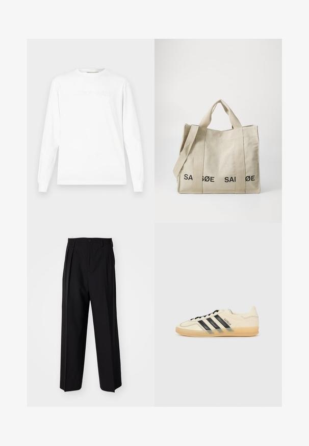 Tričko z bílé bavlny s dlouhým rukávem, na hrudi s reliéfním nápisem „LST801-WH25“, kulatým výstřihem a manžetami na rukávech.; Černé skládací kalhoty s rovnými, širokými nohavicemi. Vyrobené z hladké tkaniny, se zapínáním na knoflík a poutky na opasek.; Světle krémové tenisky s černým designem tří pruhů,Texturovaný svršek, kulatá špička a gumová podešev. Obsahují šněrování a branding po straně.; Plátěná taška v světle béžové barvě s černým potiskem. Obsahuje dvojité ucha a odnímatelný ramenní popruh. Obdélníkový tvar se strukturovaným designem.