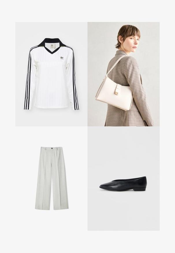 Hosszú ujjú fehér Adidas póló V-kivágással, fekete csíkos részletekkel az ujjakon és egy apró logóval a mellkason. Texturált anyag.; Világosszürke, bő szabású nadrág textúrált anyagból, gombos záródással és két pliszszel elöl az extra részletesség érdekében.; Fekete bőr lapos cipő, hegyes orral, enyhén megemelt sarka és sima felülettel. Egyszerű dizájn, látható hardver vagy minták nélkül.; Fehér bőr táska strukturált dizájnnal, mágneses záródással és vállpánttal, semleges háttér előtt bemutatva.