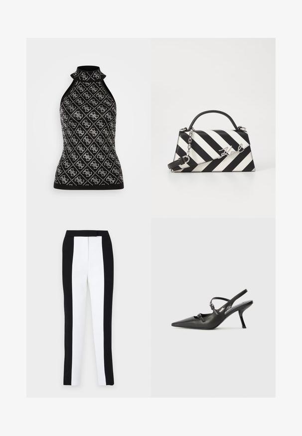 Zwarte haltertop met een gestructureerde brei met een diamanten patroon, versierd met zilverkleurige accenten, afgewerkt met een hoge, geribbelde kraag.; Zwart-witte tapered broek met een slanke pasvorm en contrasterende panelen. De stof heeft een gladde textuur; de tailleband is plat en aansluitend.; Zwarte leren slingback hakken met een spitse neus, slanke hak en decoratieve gespdetails op de bovenkant. Gladde textuur en een strakke uitstraling.; Zwart-wit gestreepte handtas met een gestructureerde vorm, voorzien van een bovenhandvat, een afneembare kettingriem en een metalen logo-accent.