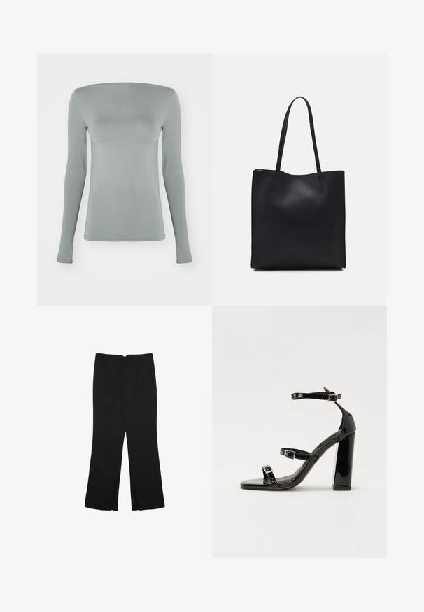 Dlouhý rukáv top v světle šedé barvě, vyrobený z pružného materiálu. Má lodní výstřih a přiléhavý střih bez viditelných vzorů nebo kovových prvků.; Černé kalhoty s rovným střihem, s předními kapsami a bočními rozparky na lemu. Vyrobené z jemné, hladké tkaniny. Vhodné na různé příležitosti.; Černé lakované sandály na podpatku se čtveratou špičkou, lýtkovými pásky a stříbrnými přezkami. Disponují masivním blokovým podpatkem pro stabilitu.; Černá kožená taška přes rameno s hladkým povrchem, obdélníkovým tvarem a dvěma dlouhými uchy. Žádné viditelné kování ani ozdoby.