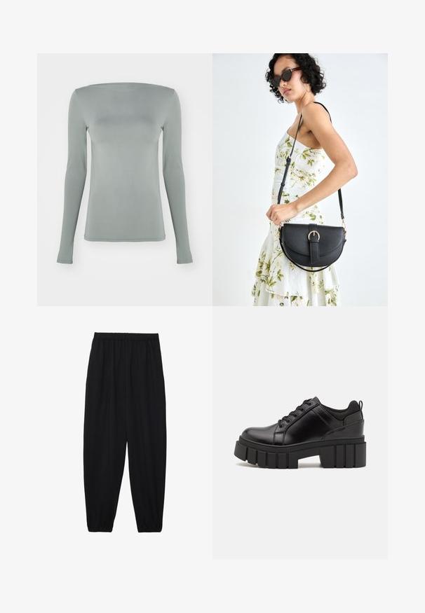 Halllongi varrukatega tee heledast hallist, venivast materjalist. Omab paadi kaelust ja vormitud siluetti, ilma nähtavate mustrite või tarvikuteta.; Mustad, kerge kangas püksid elastse vöökoha ja kokku volditud pahkluudega. Kanga pind on sile ja disain on lõdvestunud, kitsenev.; Must musta platvormsussid paksu plokkninal, ümmarguse varbaga ja traditsioonilise nööridega kinnitamisega. Sussid on sileda tekstuuriga ja minimaalsete detailidega.; Mustmust mustraha kõverate joontega, eemaldatava rihmaga ja kuldsete detailidega. Kotil on klapp, millel on pandladetail.