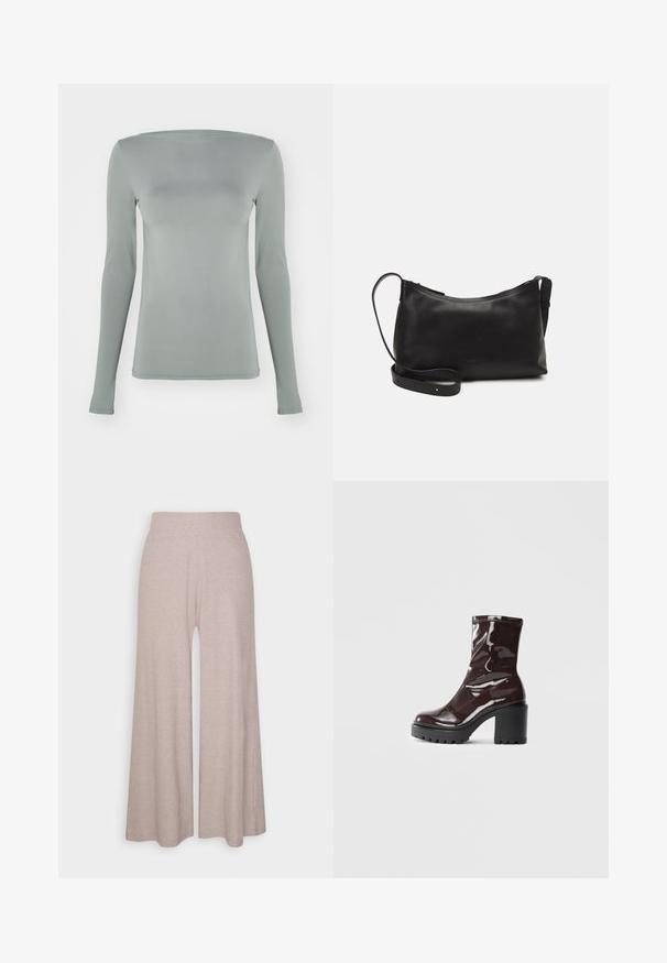 Langærmet top i lys grå, lavet af strækbart materiale. Har bådudskæring og tætsiddende silhuet uden synlige mønstre eller hardware.; Lys grå bredbenede bukser lavet af blødt ribbet stof, med høj talje og fuldlængde ben med subtil tekstur.; Glatte burgunder ankelstøvler med en chunky sort hæl, der har en glat tekstur og et simpelt design. Ingen synlige lukninger eller mønstre.; Sort læder skuldertaske med en glat tekstur, buet form, justerbar rem og lynlås. Minimalistisk design uden udsmykninger.