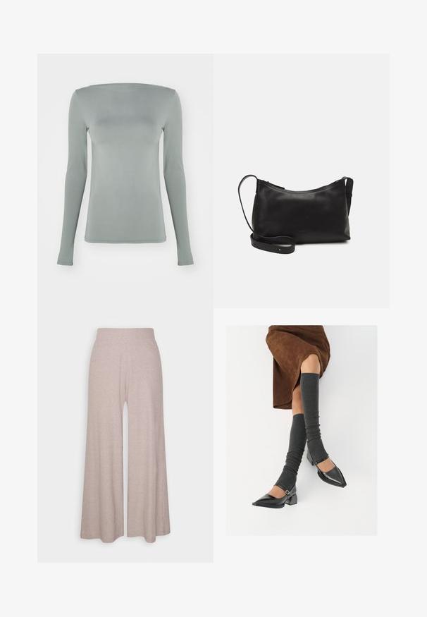 Langermet topp i lys grå, laget av elastisk materiale. Har båtutskjæring og tettsittende silhuett uten synlige mønstre eller hardvare.; Lys grå vide ben bukser laget av mykt, ribbestrikket stoff, med høy midje og hel lange ben med subtil tekstur.; Sorte lakkpumps med spiss tå, blokkhel, og ankelstropp, kombinert med grå ribbestrikkede beinvarmere og et brunt semsket skinn skjørt.; Svart skinn skulderveske med glatt tekstur, buet form, justerbar stropp og glidelås. Minimalistisk design uten dekorasjoner.