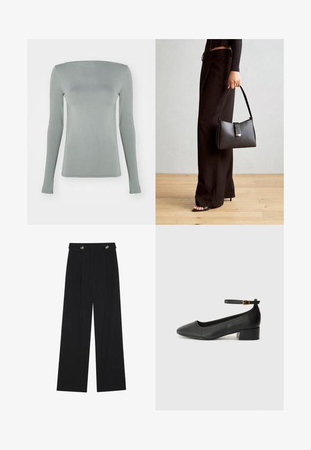Top de manga larga en gris claro, hecho de material elástico. Presenta un escote barco y una silueta ajustada sin patrones ni herrajes visibles.; Pantalones de pierna ancha negros con cintura alta, detalles de botones en la cinturilla y pliegues en la parte delantera.; Zapato de tacón negro de cuero con punta afilada y tacón bajo cuadrado. Presenta una correa para el tobillo con una hebilla en tono dorado. Textura suave.; Bolso negro con forma estructurada, textura suave y un cierre metálico. Combinado con pantalones anchos negros y sandalias de dedo en un suelo de madera.