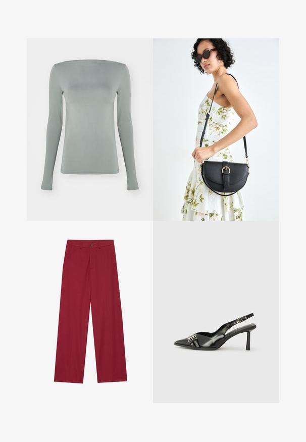 Bluză cu mânecă lungă, în gri deschis, realizată dintr-un material elastic. Prezintă un decolteu tip bardot și o siluetă ajustată, fără modele sau accesorii vizibile.; Pantaloni evazați dintr-un material texturat și neted, de culoare roșu închis. Au buzunare frontale și un sistem de închidere cu un singur nasture la talie.; Pantofii slingback din piele lăcuită neagră, cu vârf ascuțit, bretele pentru gleznă cu catarame și accesorii din argint, și un toc subțire.; Geantă din piele neagră, cu o formă curbată, curea detașabilă și accesorii aurii. Geanta are un capac cu un detaliu tip cataramă.