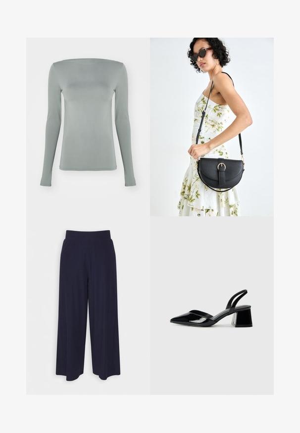 Bluză cu mânecă lungă, în gri deschis, realizată dintr-un material elastic. Prezintă un decolteu tip bardot și o siluetă ajustată, fără modele sau accesorii vizibile.; Pantaloni cu croi larg din țesătură de culoare bleumarin închis, cu un model texturat. Prezintă un brâu neted și o siluetă fluidă, ajungând până la jumătatea gambei.; Pantofi cu toc slingback din piele lacuită neagră, cu vârf ascuțit și toc geometric. Prezintă un design elegant, minimalist și o textură netedă.; Geantă din piele neagră, cu o formă curbată, curea detașabilă și accesorii aurii. Geanta are un capac cu un detaliu tip cataramă.