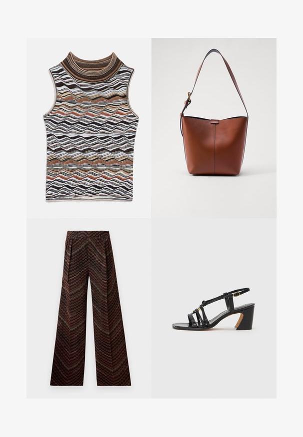 Top sin mangas con un cuello alto, que presenta un patrón ondulado en tonos terrenales de marrón, blanco y negro, hecho de una suave tela de punto texturada.; Pantalones de pierna ancha con cintura alta y patrón de zigzag en tonos de marrón, negro, rosa y verde sobre un fondo blanco.; Paul Smith AMIRA - Tacones - black; Bolso de hombro de cuero marrón con forma curva, textura suave y una única correa delgada. Presenta una costura sutil y un pequeño detalle del logo.