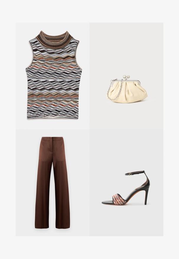Top bez rukávov s vysokým golierom, s vlnitým vzorom v zemských odtieňoch hnedej, bielej a čiernej, vyrobený z mäkkého, textúrovaného pleteného materiálu.; Hnedé nohavice s širokým strihom vyrobené z hladkej, ľahkej látky, s plochým predným dielom, bez vreciek a s rovným siluetom.; Čierne sandále na vysokom opätku s členkovým remienkom. Majú textúrovaný, viacfarebný pruh látky cez prsty. Hladký kožený povrch.; Zhlý béžový kožený klobúk so strieborným kovovým rámom, ktorý má dve okrúhle dekoratívne zámky a strieborný reťazový popruh.