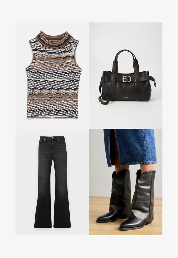 Tricou bez rukávů s vysokým límcem, zdobené vlnitým vzorem v přírodních odstínech hnědé, bílé a černé, vyrobené z měkké, texturované pleteniny.; Černé džíny s rozšířenými nohavicemi z denimu, s vysokým pasem, pěti kapsami a jemným vyblednutím směrem k lemu nohavic.; Pavement CALLISTA - Kovbojské/motorkářské kozačky - black; Černá kožená kabelka s upraveným designem, dvojitými vrchními madly, pozlaceným přezkovým akcentem a vyraženým logem značky na přední straně.