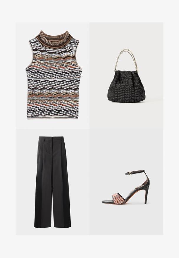 Tricou bez rukávů s vysokým límcem, zdobené vlnitým vzorem v přírodních odstínech hnědé, bílé a černé, vyrobené z měkké, texturované pleteniny.; Černé kalhoty širokého střihu s vysokým pasem, které mají přední sklady, hladký povrch a upravený vzhled. Navrženy pro volný střih.; Černé sandály na podpatku s páskem kolem kotníku. Mají texturovaný, vícebarevný pruh látky přes prsty. Hladký kožený povrch.; Černá texturovaná kabelka s rybincovým vzorem, skládáním a kovovým řetízkovým držadlem. Měkká tkanina nabízí elegantní vzhled.