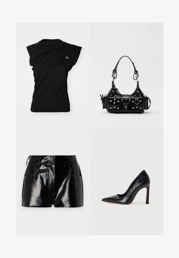 Vivienne Westwood HEBO - Jednoduché tričko - black; Černé lesklé kraťasy vyrobené z umělého materiálu. Obsahují přiléhavý pas, poutka na opasek a přední kapsy s výraznými švy.; Černý lodičkový bot s špičatou špičkou, pokrytý texturou krokodýlí kůže, s elegantním designem, vysokým stiletto podpatkem a hladkým černým interiérem.; Černá kožená kabelka s křivkovým designem, zdobená stříbrnými hřebíky, s přezkou a dvěma bočními kapsami. Nastavitelný popruh pro různé možnosti nošení.