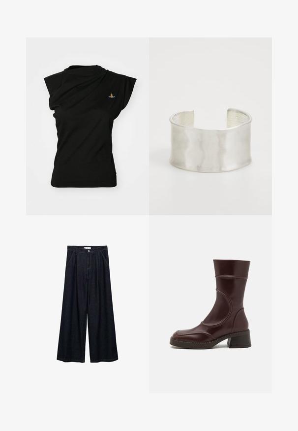 Vivienne Westwood HEBO - Tricou basic - black; Pantaloni largi din denim închis, cu talie înaltă, având un închidere cu nasture frontal, două buzunare laterale și detalii de cusătură.; MIISTA MALENE - Botine clasice - brown; Zign Brăţară - silver-coloured