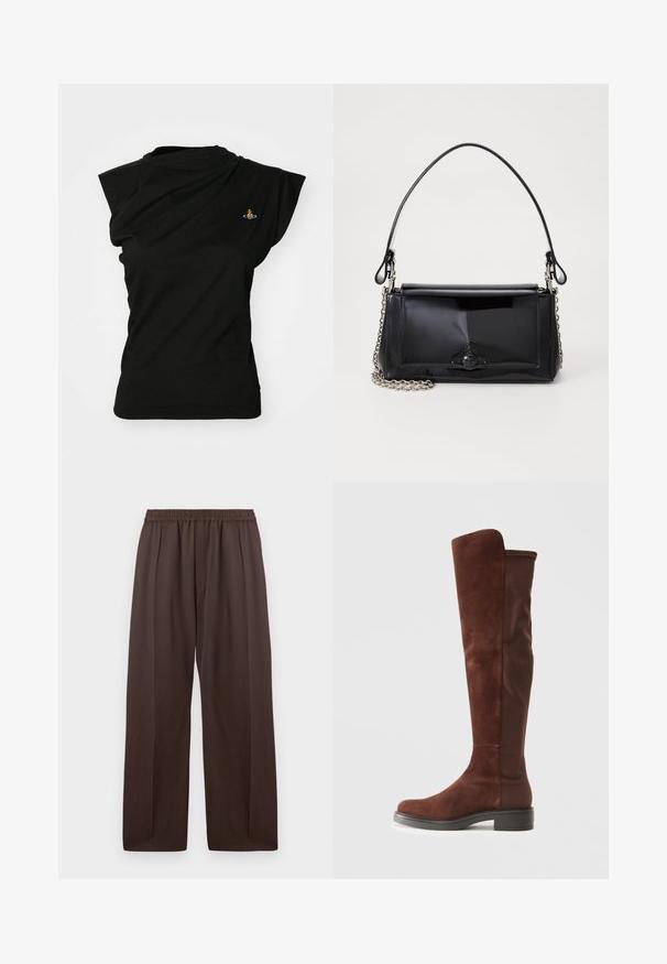 Vivienne Westwood HEBO - Βασικό μπλουζάκι - black; Καστανές παντελόνες με φαρδιά πόδια, ελαστική μέση και διακριτικές πτυχώσεις μπροστά, τοποθετημένες επίπεδα σε λευκό φόντο.; Μακριά καφέ σουέτ και ύφασμα μπότες με χαμηλό μαύρο τακούνι και στρογγυλή μύτη, εμφανίζεται σε πλάγια όψη σε λευκό φόντο.; Μαύρη λουστρινένια τσάντα χεριού με ορθογώνιο σχήμα, αλυσίδα στον ιμάντα και μια χαρακτηριστική μεταλλική λεπτομέρεια στο κέντρο. Λείος υφασμάς.