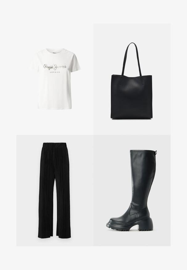 Valge puuvillane t-särk lühikeste varrukatega, millel on hõbedane metallik logo, mis annab rindkere piirkonnas juhuslikus kiri stiilis teksti "Pepe Jeans LONDON".; Mustad pleekitud püksid elastse vöökohtaga. Omavad laiad jalad ja sujuvat, tekstureeritud kangast vertikaalsete triipudega.; Kõrge must nahksaapad, millel on massiivne platvormi tald ja blokk-kand, varustatud tõmbenööriga ja tekstuuriga väljatõmbejääk.; Mustast nahast kott sujuva tekstuuriga, ristkülikukujuline ja kahe pika sangaga. Pole nähtavat riistvara ega kaunistusi.