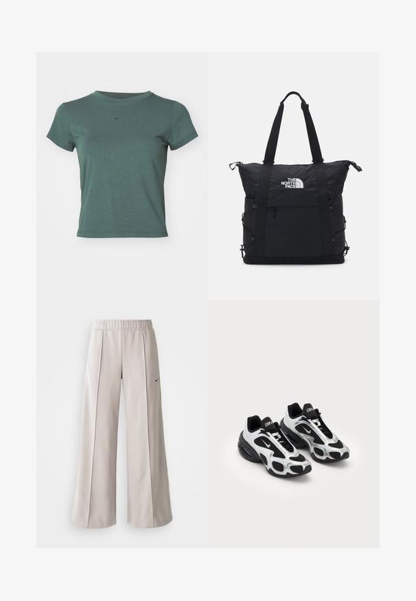 Nike Sportswear T-shirt basic - vintage green; Pantaloni ampi grigio chiaro realizzati in tessuto liscio. Presentano una vita elastica e il logo Nike nero sul lato sinistro.; Scarpe da ginnastica nere e argentate con tomaia in mesh e materiale sintetico, caratterizzate da un design ondulato distintivo e colletto imbottito, con ammortizzazione ad aria nella suola.; Borsa tote nera con un design imbottito, chiusura con zip superiore, due manici corti e logo sul fronte; dotata di tasche laterali e spallacci regolabili.