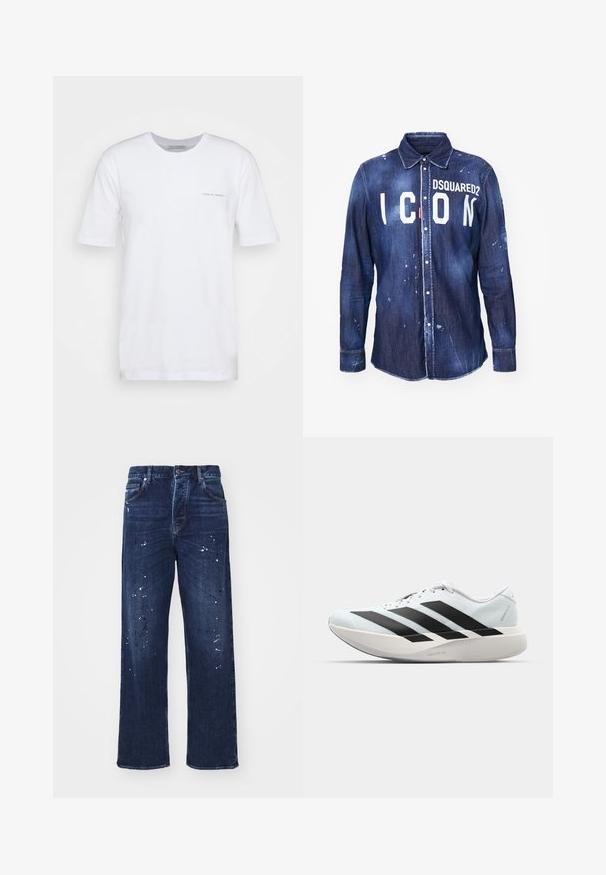 White short-sleeve T-shirt made of cotton, featuring a crew neck and a small printed logo on the left side. Smooth texture, casual fit.; Denim shirt in dark blue with white "ICON" text and "DSQUARED2" logo. Features button closure, pointed collar, and distressed paint splatter.; Dark blue denim jeans featuring a loose fit, straight legs, and white paint splatter detailing on the front. Classic five-pocket design.; Lightweight running shoes in pale blue with black stripes. Features a smooth upper, round toe, and thick white midsole labeled "LIGHTSTRIKE PRO."