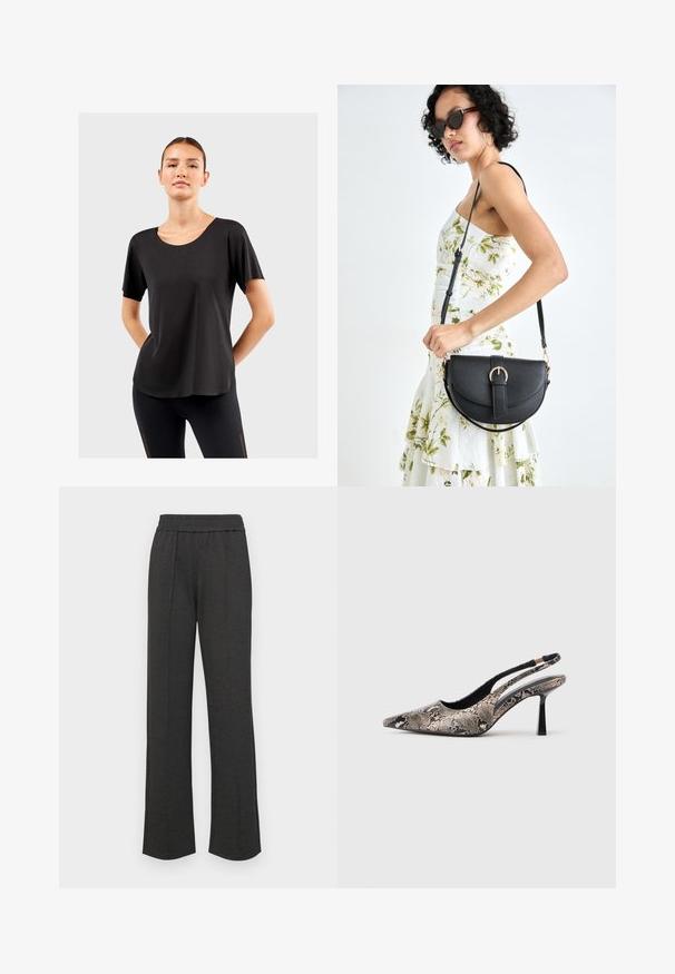 Camiseta negra de manga corta con cuello redondo, hecha de una tela suave, que presenta un corte relajado y un dobladillo curvado. Combinada con leggings negros.; Pantalones negros de pierna recta con una cinturilla elástica, pliegues en la parte delantera, tela suave y sin patrones o detalles de hardware visibles.; Zapatos slingback de punta afilada fabricados con un material de estampado de serpiente texturizado, con un delgado tacón negro y un diseño recortado en los laterales.; Bolso de piel negra con forma curva, correa desmontable y herrajes dorados. El bolso cuenta con una solapa con un detalle de hebilla.