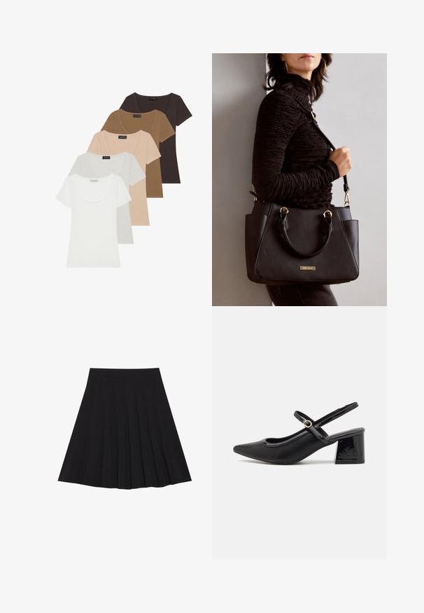 Viie lühikeste varrukatega t-särki erinevates värvides: valge, he hall, beež, pruun ja tumepruun. Igaühel on ümmargune kaelus.; Must mustriga seelik, millel on tekstureeritud kangas ja kitsas vöökoht. Ulatuv põlveni, omadab sujuvat ja lõputut siluetti.; Mustad läikivad nahast slingback-kõrged kontsad, millel on terav nina, ümar lõikekujundus ja blokknina. Omab kuldset nupu aktsenti.; Musthave must kott, millel on tekstuurne pind, kaks ülemist käepidet ja reguleeritav õlarihm. Omab kuldse tooni riistu ja külgtaskuid.