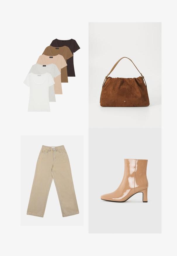 Set van vijf T-shirts met korte mouwen in verschillende kleuren: wit, lichtgrijs, beige, bruin en donkerbruin. Elk shirt heeft een ronde hals.; Beige wijde broek van denim, met een hoge taille, voorkruiden en contrasterende stiksels. Het ontwerp omvat een knoopsluiting.; Nude patent leren enkellaarsjes met een spitse neus, een glanzende afwerking en een mid-hoge blokhak. Gladde textuur en elegante silhouet.; Bruine suède handtas met een geplooid ontwerp, voorzien van een enkele tan kleur leren schouderband en een subtiele gouden logo-detail aan de voorkant.