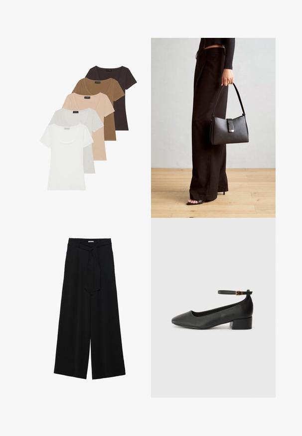 Sett med fem kortermede t-skjorter i forskjellige farger: hvit, lys grå, beige, brun og mørk brun. Hver har en utringet design.; Svart vide bukser med teksturert stoff, elastisk midje og avtagbart belte som gir justerbar passform.; Sorte skinnpumper med spiss tå og lav blokkhelt. Har ankelrem med gullfarget spenne. Glatt tekstur.; Svart håndveske med strukturert form, jevn tekstur og metallisk lås. Kombinert med brede svarte bukser og sandaler med åpen tå på tregulv.