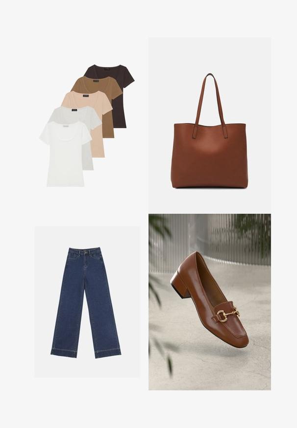 Set von fünf T-Shirts mit kurzen Ärmeln in verschiedenen Farben: weiß, hellgrau, beige, braun und dunkelbraun. Jedes hat ein Rundhalsausschnitt-Design.; Weite Jeans in dunkelblauem Denim. Verfügt über fünf Taschen, Gürtelschlaufen und einen rohen Saum am unteren Ende mit sichtbaren Nahtdetails.; Braune Lackleder-Loafer mit quadratischer Zehenpartie, metallischem Kettenakzent und niedrigem Blockabsatz; glatte Textur, minimalistisches Design.; Braune Leder-Tote mit glatter Textur, offenem Oberteil und zwei Schulterriemen. Verfügt über minimale Nähte und keine sichtbaren Beschläge.