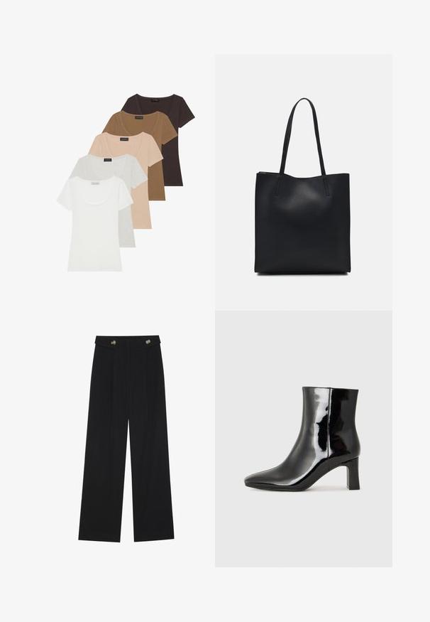 Set of five short-sleeve t-shirts in various colors: white, light gray, beige, brown, and dark brown. Each has a scoop neck design.; Black wide-leg trousers with high waist, button details on waistband, and front pleats.; Black patent leather ankle boot with a pointed toe and a mid-height block heel. Smooth texture and minimalist design.; Black leather tote bag with smooth texture, rectangular shape, and two long handles. No visible hardware or embellishments.