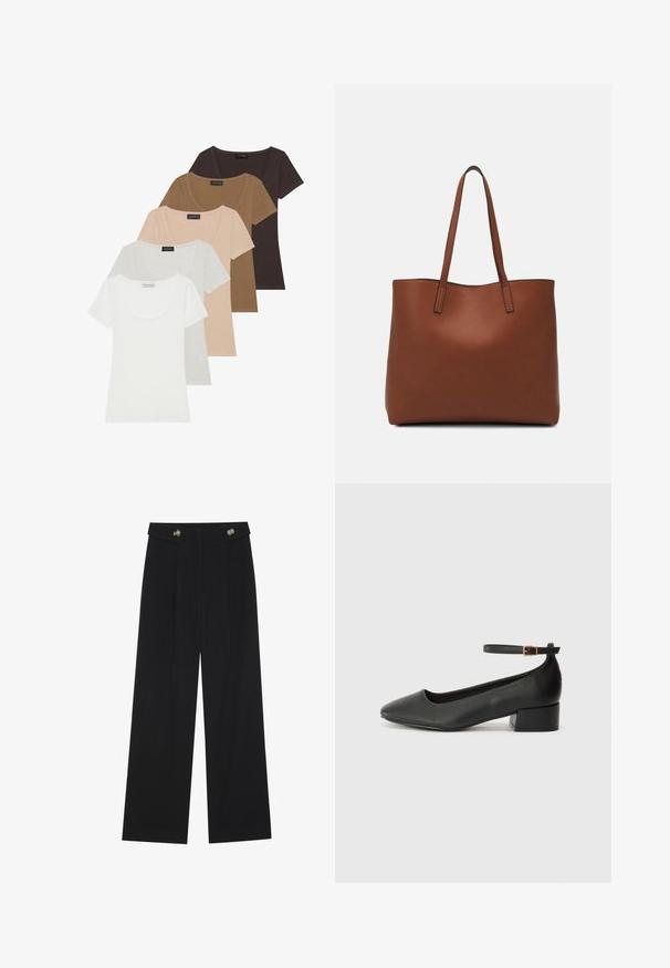 Sett med fem kortermede t-skjorter i forskjellige farger: hvit, lys grå, beige, brun og mørk brun. Hver har en utringet design.; Svart vide bukser med høy midje, knappdetaljer på midjebåndet og frontplisser.; Sorte skinnpumper med spiss tå og lav blokkhelt. Har ankelrem med gullfarget spenne. Glatt tekstur.; Brun lær tote veske med en jevn tekstur, åpen toppdesign og to skulderstropper. Har minimal søm og ingen synlige spiker.