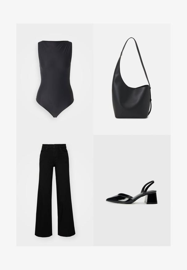 Abercrombie & Fitch BARE SOFT MATTE SHELL BODYSUIT - Top - black beauty; Čierne široké nohavice z denimu s pevným pásom, pútkami na opasok a prednými vreckami. Hladká štruktúra s klasickým dizajnom.; Čierne lakované kožené sandálové podpätky s špicatou špičkou a geometrickým blokovým podpätkom. Disponujú elegantným, minimalistickým dizajnom a hladkým povrchom.; Čierna kožená hobo taška so hladkou textúrou, zakriveným tvarom a jedným nastaviteľným popruhom; má široké otvorenie na vrchu.