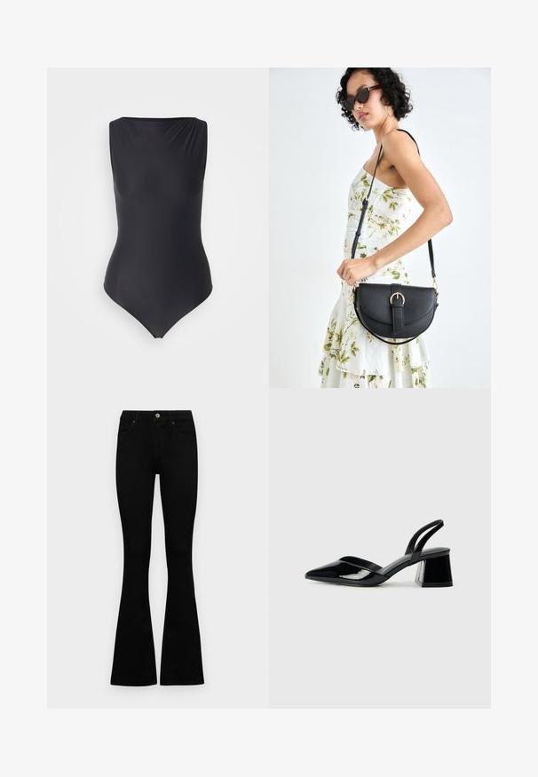 Abercrombie & Fitch BARE SOFT MATTE SHELL BODYSUIT - Topp - black beauty; Mustad kõrge vöökohtadega teksad, millel on nööp ja lukuga sulgemine, esikäe taskud ja laienevad sääred, asetatud tasasele valgele taustale.; Mustad musta lakknahk kingad, millel on terav varvas ja geomeetriline plokkkonts. Omab elegantselt minimalistlikku disaini ja sujuvat tekstuuri.; Mustmust mustraha kõverate joontega, eemaldatava rihmaga ja kuldsete detailidega. Kotil on klapp, millel on pandladetail.