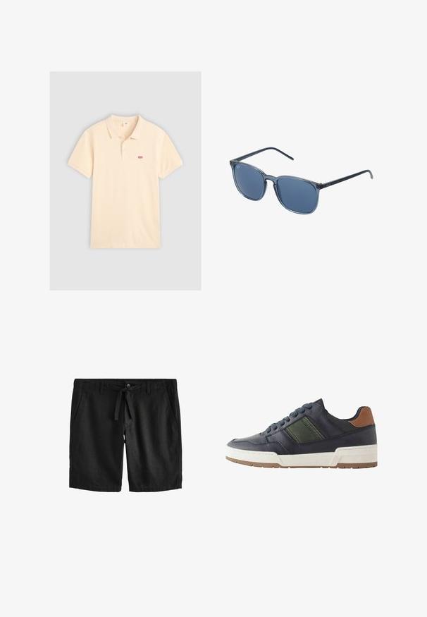Piké i ljus krämfärg, tillverkad av mjuk bomull, har en klassisk krage, korta ärmar och en liten röd Levi's-logotyp på vänster bröst.; Next REGULAR FIT - Shorts - black; Marinblå lädersko med en grön accentstrimma, vit mellansula och brun hälflik. Har rundad tå och strukturerad gummisula.; Blå rektangulära solglasögon med gråtonade linser, plastbåge, metalliska detaljer och en matt finish på bågarna.