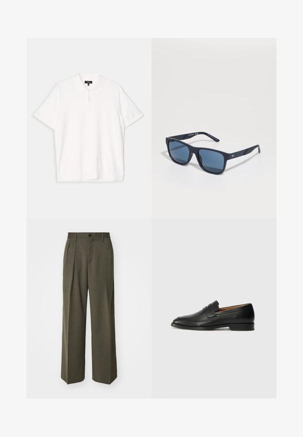 Valkoinen lyhythihainen polo-paita, jossa on klassinen kaulus, kolme nappia ja suora helma. Pehmeä rakenne ja yksinkertainen muotoilu.; Filippa K WIDE TROUSERS - Housut - driftwood; Musta nahkainen loafer, jossa on pyöreä kärki, hienovarainen ommelkoristelu ja matala korko, joka on varustettu sileällä pinnalla ja minimalistisella designilla.; Sinivihreät suorakulmaiset aurinkolasit tummilla linsseillä, matta merimintun kehys, logotieto temppeleissä, suorat varret ja kiinteä, sileä pinta.