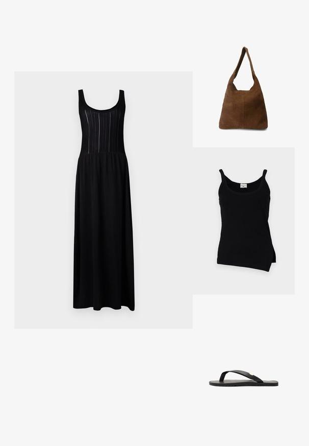 Zwarte geribbelde tanktop met dunne bandjes, gebogen zoom en zijsplitten. Stof lijkt glad met een lichte rek. Merkenlabel zichtbaar bij de halslijn.; Zwarte maxijurk met een aansluitende top met verticale ribbelstructuur en een ronde halslijn, die overgaat in een losse onderkant.; Zwarte flip-flop sandaal met een platte zool, zwarte textuur inlegzool, gladde bandjes en een kleine gouden accent bij de teenpost.; Bruin suedine schoudertas met een zachte textuur, brede schouderband en een open bovenkant. Heeft een eenvoudig, ongestructureerd ontwerp zonder zichtbare hardware.