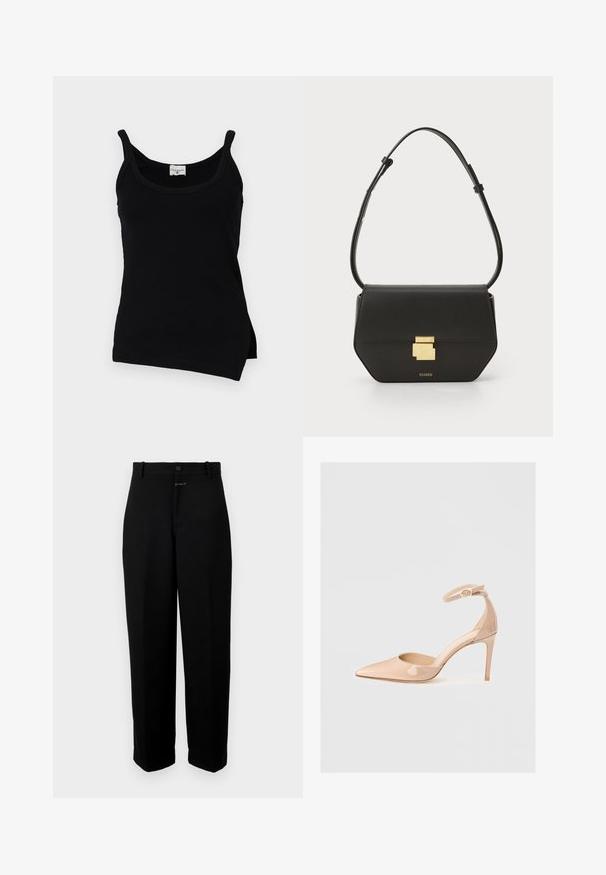 Fekete bordázott ujjatlan felső vékony pántokkal, ívelt alsó résszel és oldalsó hasítékokkal. Az anyag simának tűnik, enyhe rugalmassággal. A márkacímke a nyaknál látható.; Fekete nadrág sima anyagból, gombos záródással, övbújtatókkal és egyenes szárú kivitelben.; Meztelen színű, lakk bőr, hegyesorrú cipő bokapánttal és stiletto sarkal, sima textúrával és minimalista dizájnnal. ; CLOSED CLOSED ONE - Keresztpántos táska - black
