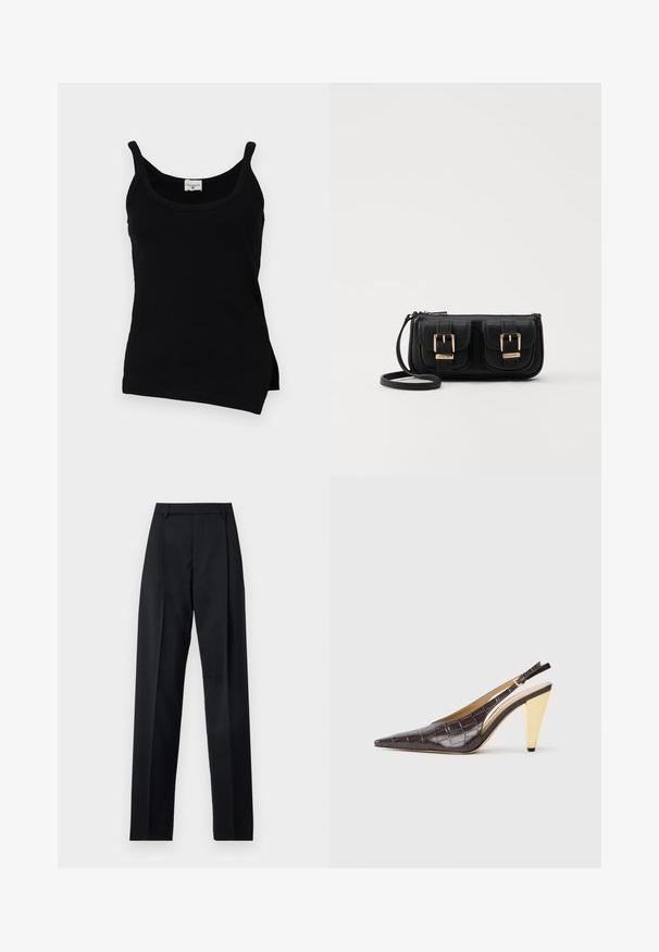 Črna rebrasta majica brez rokavov z tankimi naramnicami, ukrivljenim robom in stranskimi razporki. Tkanina se zdi gladka s rahlim raztegnitvijo. Blagovna znamka vidna na izrezu.; Črne hlače iz gladkega materiala, ki imajo visok pas, široke noge, sprednje nabore in klasične zanke za pas. Nevidni stranski žepi.; Slingback peto s koničastim nosom, v temno rjavi sijoči umetni krokodilji usnjeni različici. Ima zlate geometrijske pete in nastavljiv ankel trak.; Črna usnjena torbica čez ramo z dvema sprednjima žepoma, zlatimi zaponkami, zadrgo in ozkim pasom. Tekstura površine je strukturirana, obliko pa ima kompaktno pravokotno.