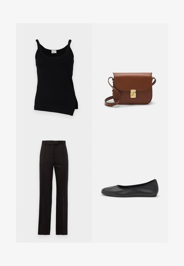 Black ribbed tank top with thin straps, curved hem, and side slits. Fabric appears smooth with a slight stretch. Brand label visible at neckline.; Black tailored trousers with a straight leg design, featuring subtle pinstripes, belt loops, and a smooth texture.; Black leather ballet flat with a rounded toe, smooth texture, minimal stitching detail, and a flexible sole design.; Brown leather handbag with a flap closure, gold-tone hardware, a shoulder strap, and a smooth texture. Compact rectangular shape.