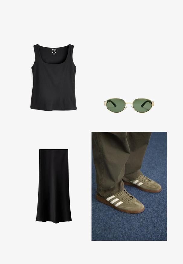 Musta hihaton toppi, joka on valmistettu puuvillasta. Siinä on pyöreä kaula-aukko ja se on yksivärinen ilman kuvioita tai yksityiskohtia.; Mustat midi hameet, jotka on valmistettu sileästä, kevyestä kankaasta. Ominaisuuksiin kuuluu suora leikkaus, ei näkyvää varustusta ja yksinkertainen, ilman kuvioita oleva muotoilu.; Vihreät mokkanahkakengät, joissa on kolme valkoista raitaa, ruskea kumipohja ja teksturoitu nauhoitus, yhdistettyinä oliivinvihreisiin housuihin sinisellä matolla.; Kultaiset metallikehyksiset aurinkolasit, joissa on vihreät sävytetyt linssit, soikea muoto, mustat sankaluvat ja kirkkaat nenätyynyt. Siisti, minimalistinen muotoilu.; Olivinvihreä kantokassi, jossa on kaksoiskahvat, sileä pinta ja metallinen logokoriste. Pyöreä muoto, jossa on sivupaneelit; yhdistettynä sinisiin housuihin.