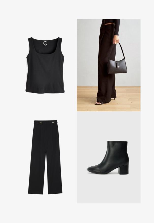 Must nilai ilma värvi ja musta värvi puuvillane ilma varrukateta t-särk koos ümarate lõigatud kaelaaukudega, millel pole mustreid ega aktsente.; Mustad laiad püksid kõrge vöökoha ja nööpdetailidega vööandil, esikortsudega.; Mustad nahast pahkluu saapad terava varbaga ja jämeda kandaga. Sile tekstuur minimaalse aktsentidega ja stiilne, lihvitud disain.; Must musta kott, millel on struktureeritud kuju, sile tekstuur ja metallist klamber. Kombineeritud laiate mustade pükstega ja avatud varvaste sandaalidega puidust põrandal.