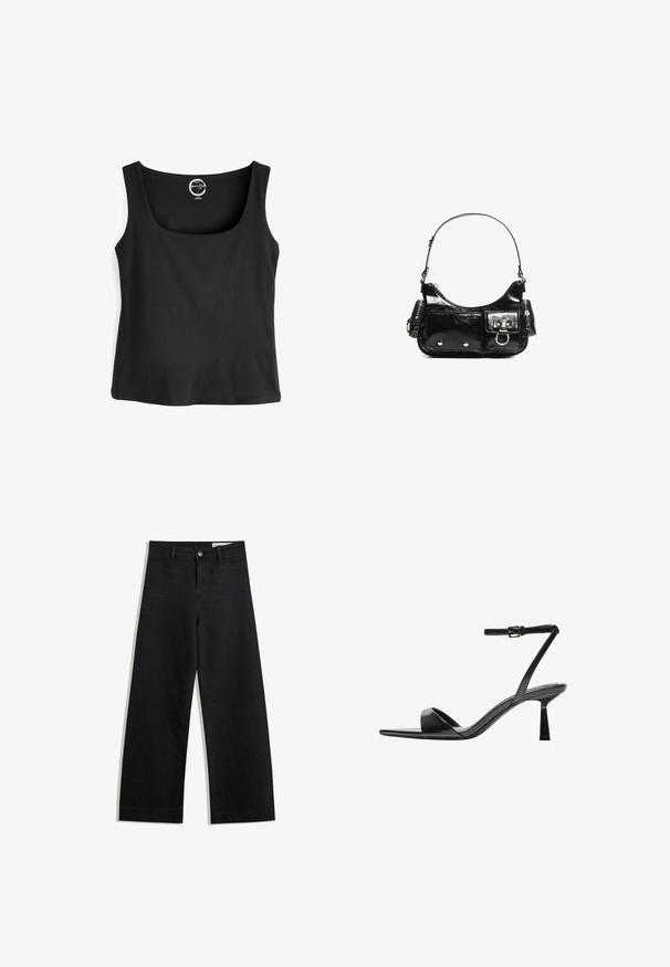Czarny bezrekawnik wykonany z bawełny, z okrągłym dekoltem i jednolitym kolorem bez wzorów czy akcentów.; Czarne dżinsowe spodnie o szerokich nogawkach i wysokim stanie, z przednimi i tylnymi kieszeniami, przeszyciami oraz zapięciem na guziki. Gładka struktura.; Bershka - Sandały na obcasie; Czarna torebka z lakierowanej skóry o zaokrąglonym kształcie, z jednym paskiem na ramię, przednimi kieszeniami i akcentami w kolorze srebrnym.