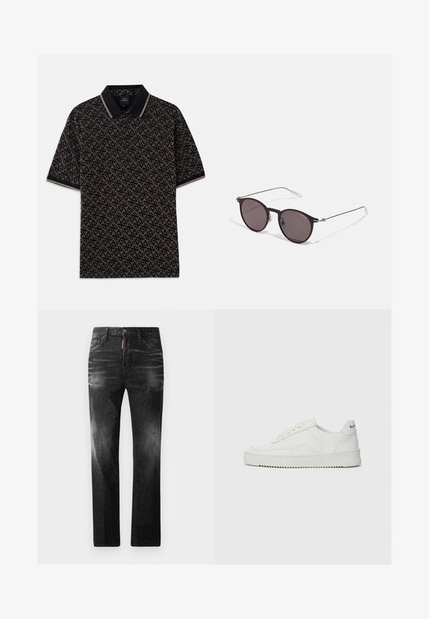 Camiseta polo preta com um padrão geométrico em dourado, mangas curtas e um colarinho clássico com discretos detalhes em riscas.; Jeans de denim preto com um corte reto. Apresentam áreas desbotadas, ligeira degradação, design clássico de cinco bolsos e um fecho de botão.; Sapatilha de couro branco com acabamento suave, bico redondo, atacadores planos e uma sola texturizada. Apresenta um logotipo discreto no calcanhar.; Óculos de sol redondos pretos com lentes escuras e hastes metálicas finas. Inclui pontas de templo transparentes e detalhes em prata na dobradiça. Design minimalista.