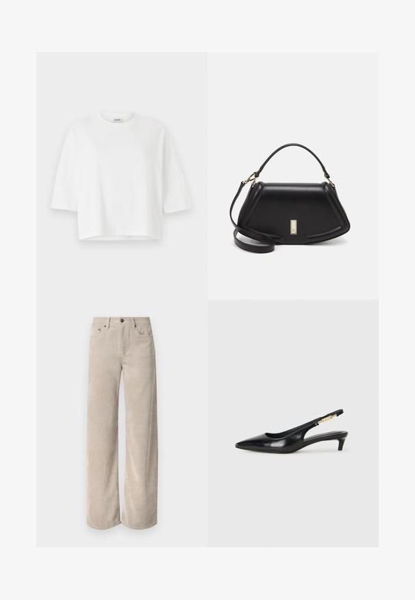 Bela skrajšana majica s krojem okroglim izrezom in kratkimi rokavi, izdelana iz mehkega bombaža. Preprost dizajn, brez vzorcev ali okrasnih elementov.; Bež široke hlače iz kordiraja z vertikalnimi črtami, z gumbom za zapiranje in sprednjimi žepi. Mehka, teksturirana tkanina s sproščenim krojem.; Črne usnjene sandale na peto z ostro konico, ki imajo tanko peto in zlat ton na nastavljivem traku. Gladka tekstura.; Črna usnjena torbica s strukturnim dizajnom, ki ima skrajšano obliko, zgornji ročaj in zlate dodatke. Vključena je nastavljiva ramenska naramnica.