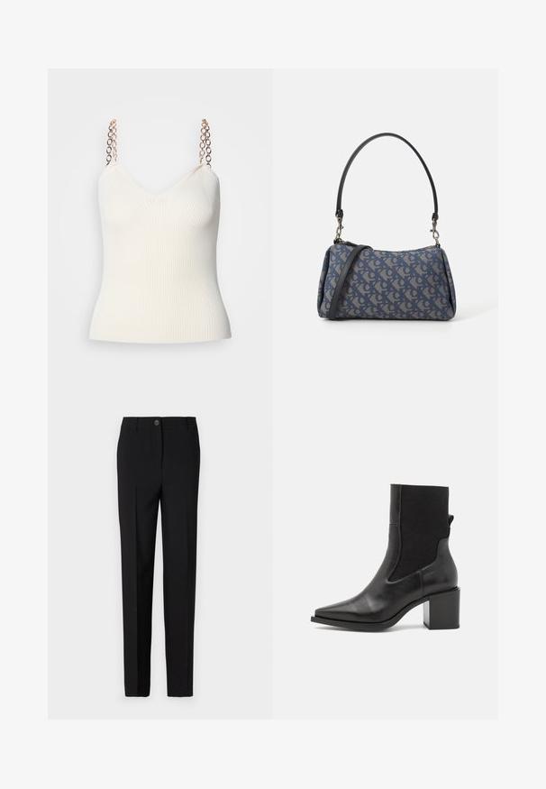 Morgan MUSTO - Top - ivoire; Pantaloni neri su misura con un design a gamba dritta, dotati di chiusura a bottone e passanti per la cintura, realizzati in tessuto liscio.; Stivale nero alla caviglia con punta affusolata, realizzato in pelle liscia e tessuto elastico. Caratterizzato da un tacco a blocco e un design minimalista.; Borsa a tracolla blu con motivo, realizzata in tessuto, caratterizzata da una forma curva, una tracolla in pelle nera e un logo in una tonalità più chiara.